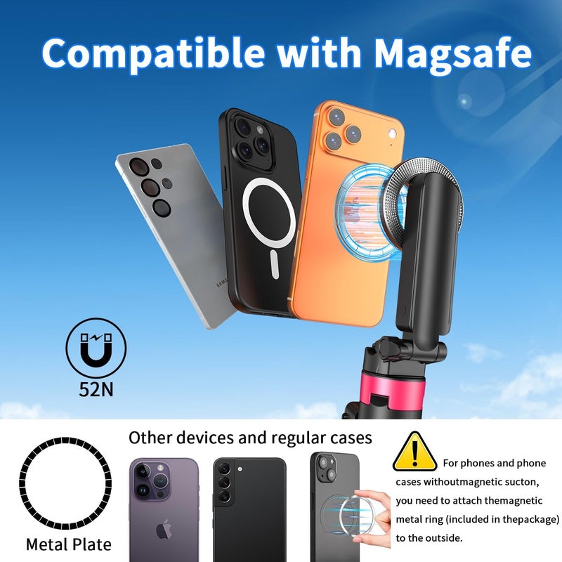 Kinwald 57" MagSafe Compatible Phone Tripod with Remote, Strong Magnetic Selfie Stick, Secure & Portable Tripod for iPhone Android, Travel Video Recording & Vlog (Black) - Image 2